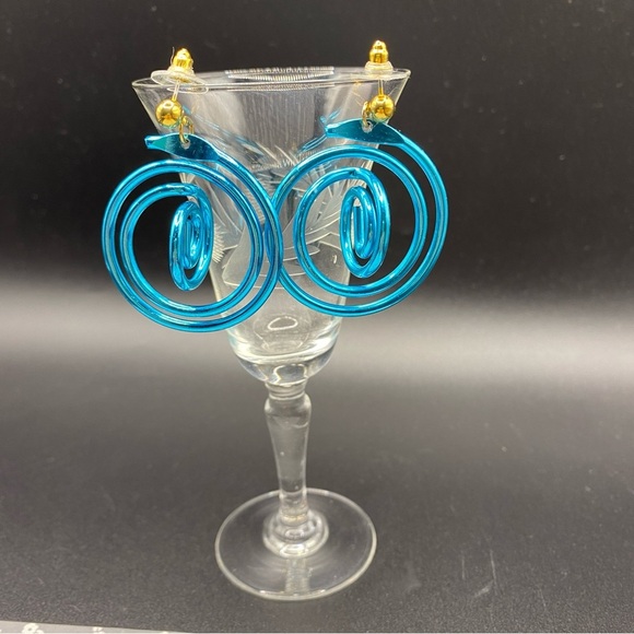 Blue Metal Spirals Long Dangle Post Pierced Earrings - Picture 6 of 7